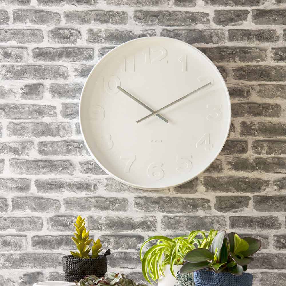 Karlsson Mr White Wall Clock Large hanging on a brick wall at MyHouse