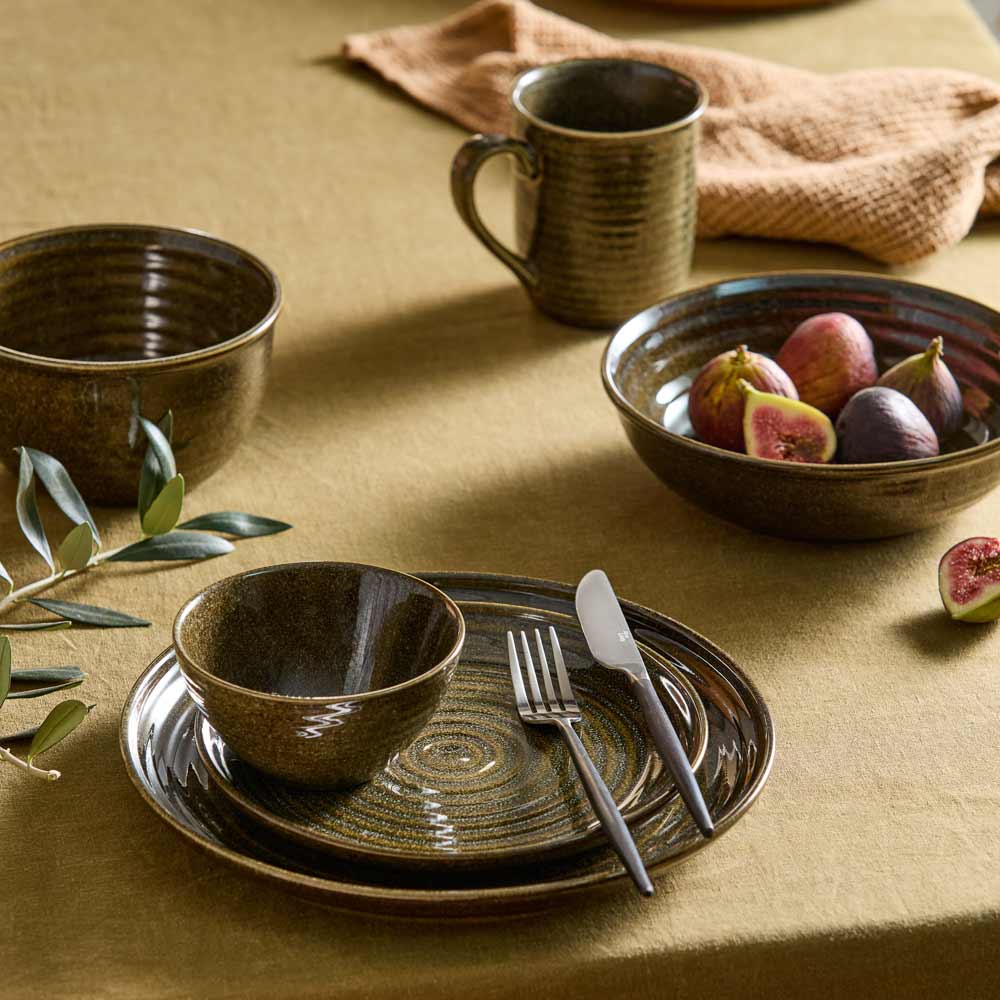 rustic ribbed moody stoneware forest green plates, bowls and mug - MyHouse