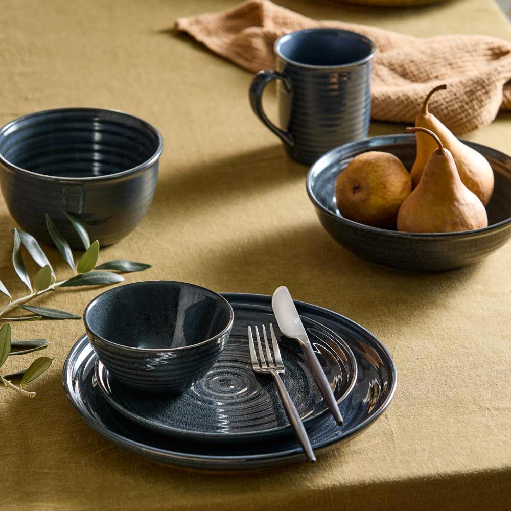 rustic ribbed moody stoneware navy blue plates, bowls and mug - MyHouse