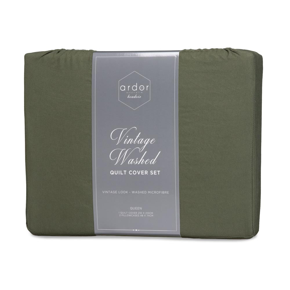 Ardor Boudoir Vintage Washed Quilt Cover Set Khaki Green Queen at MyHouse