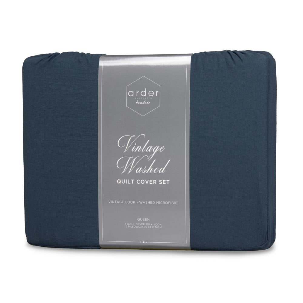 Ardor Boudoir Vintage Washed Quilt Cover Set Navy Blue Queen at MyHouse