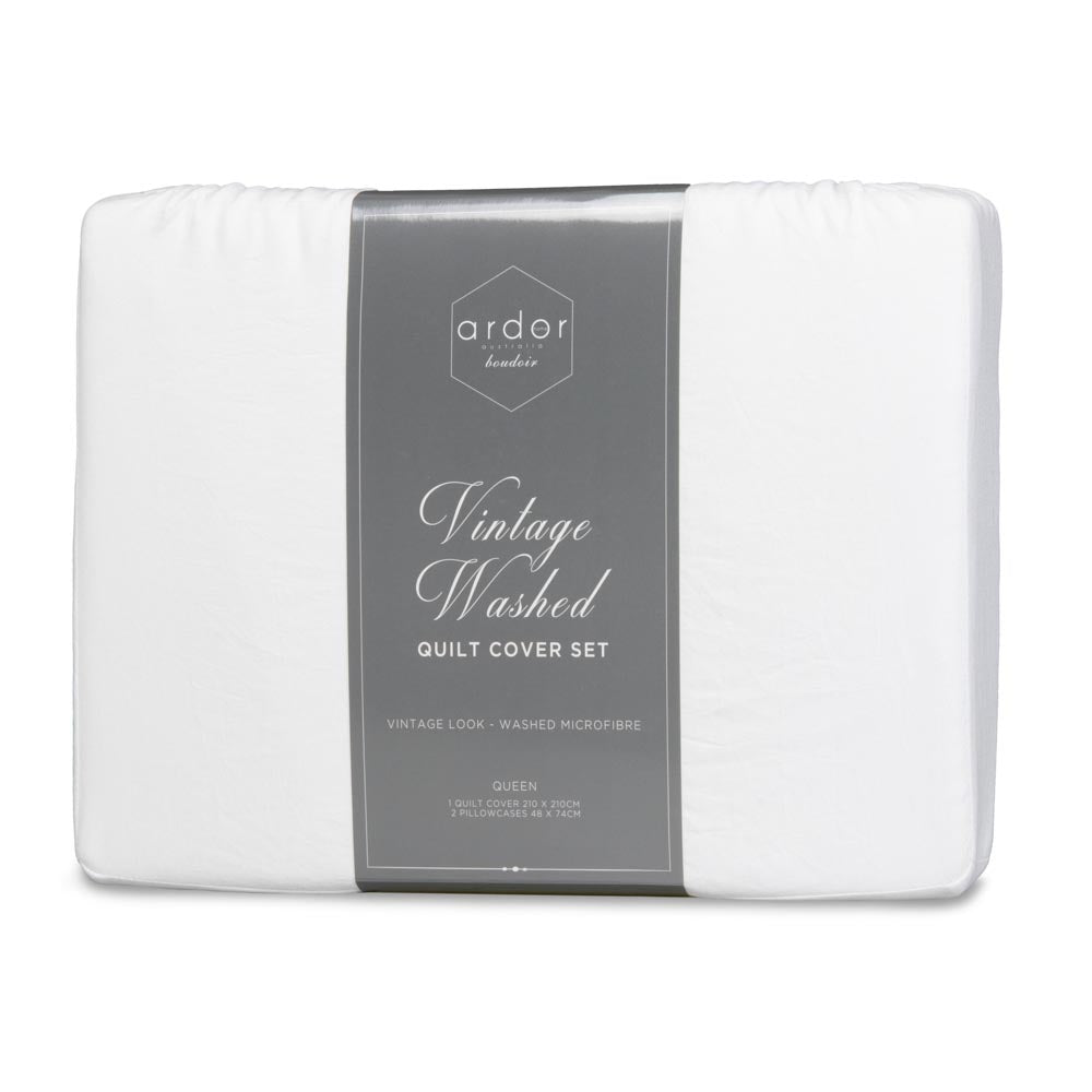 Ardor Boudoir Vintage Washed Quilt Cover Set White Queen at MyHouse