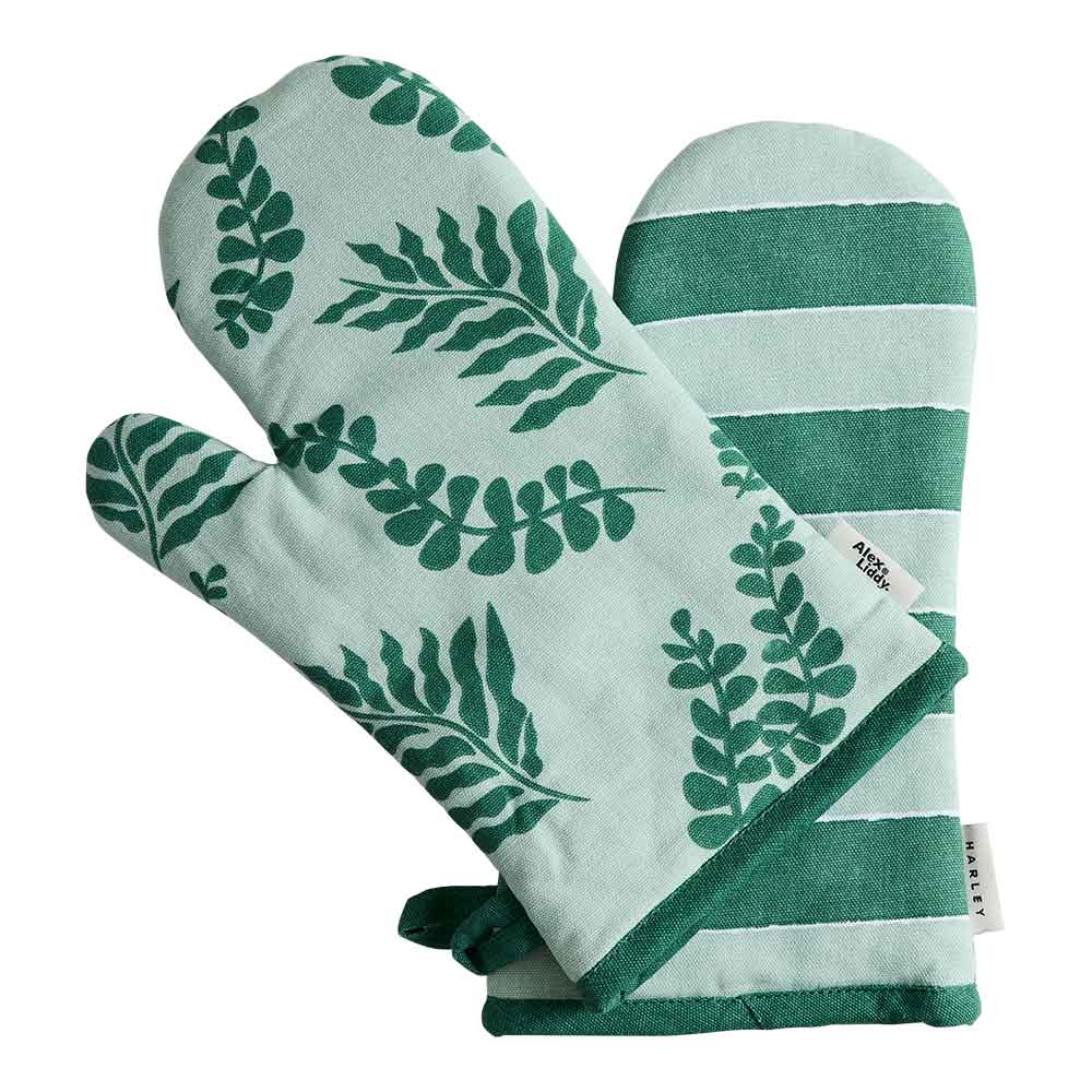 Alex Liddy Harley Set of 2 Oven Gloves Green Floral and Stripe at MyHouse