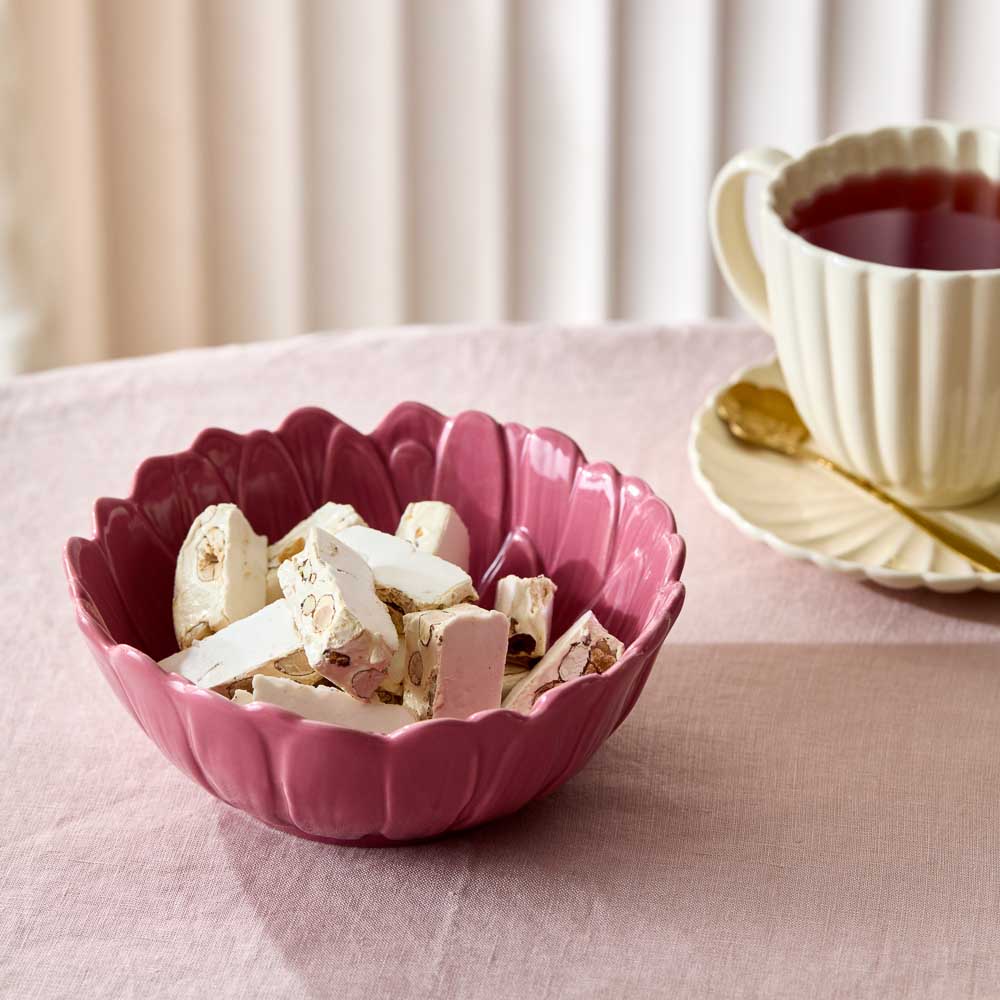 Alex Liddy Posy Flower Bowl 16cm Pink with cup of tea at MyHouse