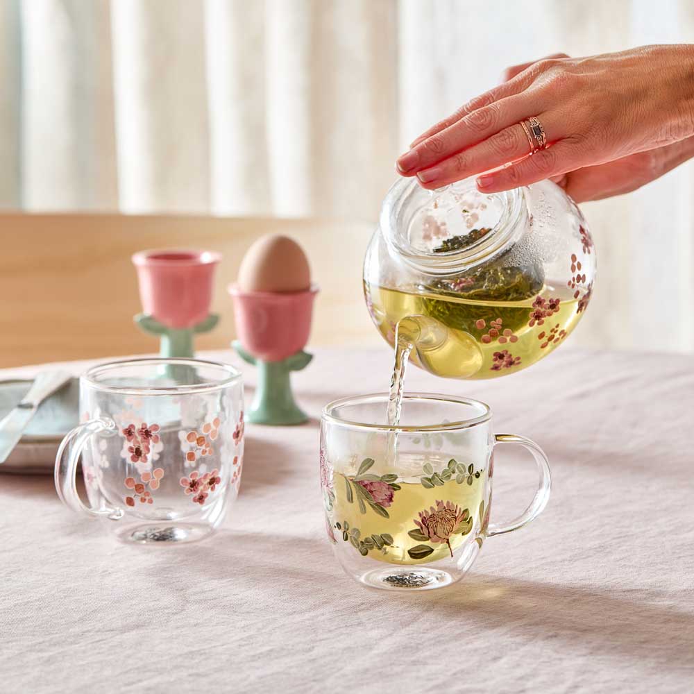 Tea poured from Alex Liddy Posy Glass Flower Teapot 500ml with glass mugs at House