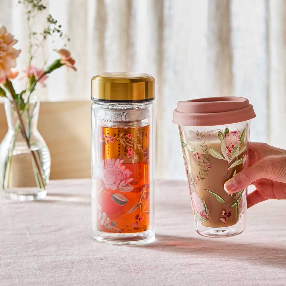 Alex Liddy Posy Glass Drink Bottle With Infuser and glass coffee cup at MyHouse