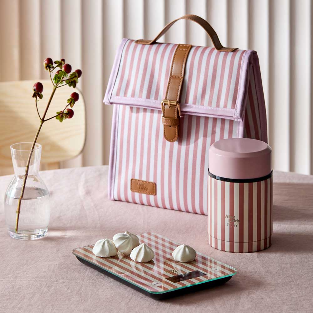 Alex Liddy Posy Lunch Bag Pink Stripe with food jar at MyHouse