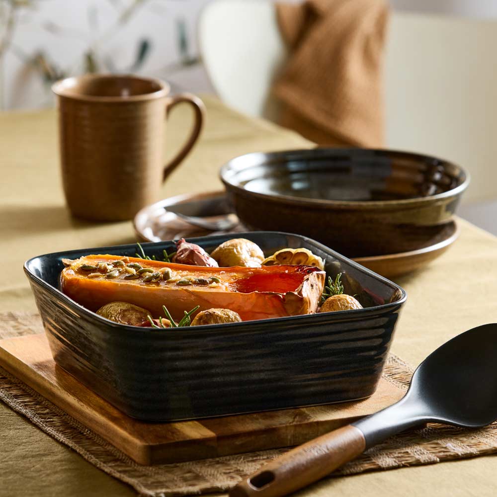 navy square baking dish on a dining table - MyHouse