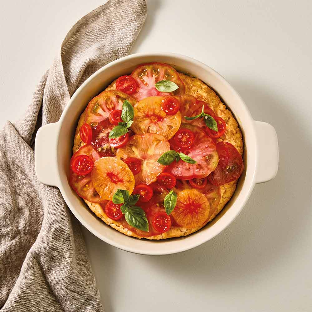 OvenBake Round Baker 2L Oat Cream -- pie topped with tomato at MyHouse
