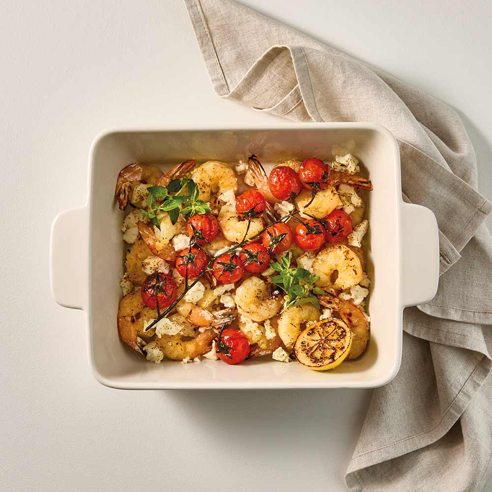 OvenBake Rectangular Baker 2.6L Oat Cream with baked prawns at MyHouse