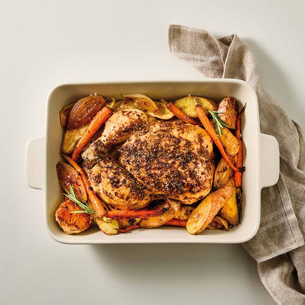 OvenBake Lasagne Baker 4L Oat Cream with roast chicken at MyHouse