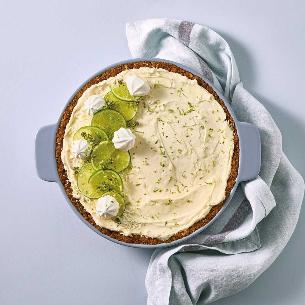 OvenBake Round Baker 2L Powder Blue with cheesecake topped with lime at MyHouse