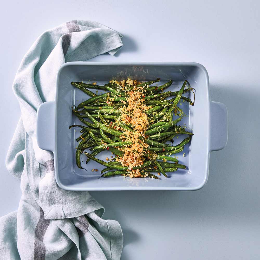 OvenBake Rectangular Baker 2.6L Powder Blue with baked string beans at MyHouse