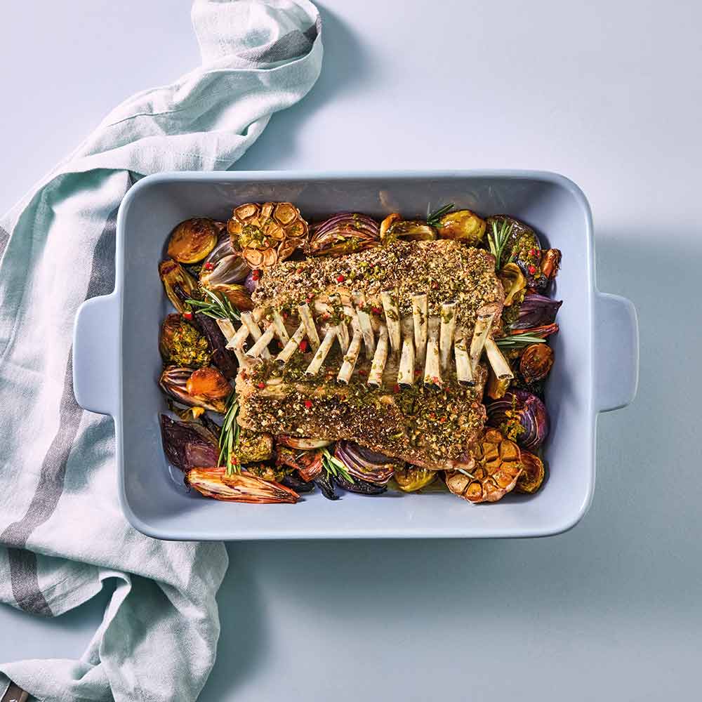 OvenBake Lasagne Baker 4L Powder Blue with rack of lamb at MyHouse