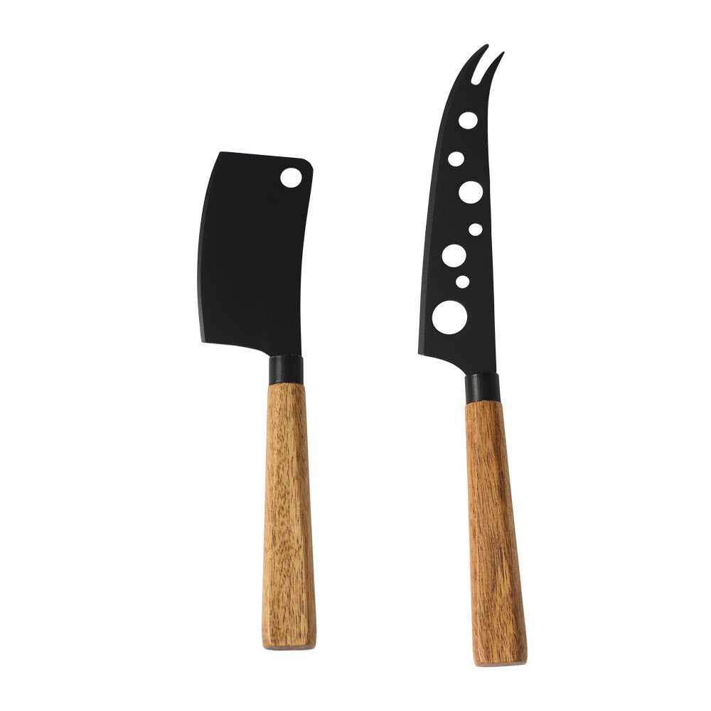 Acacia Serving Board with Set of 2 Black Cheese Knives - MyHouse