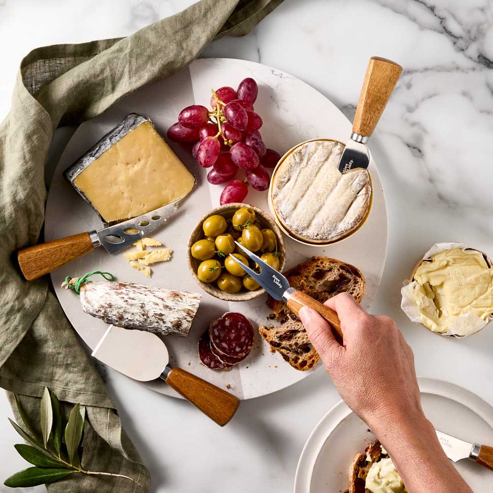 5 Acacia Wood Cheese Knives on marble board with charcuterie - MyHouse