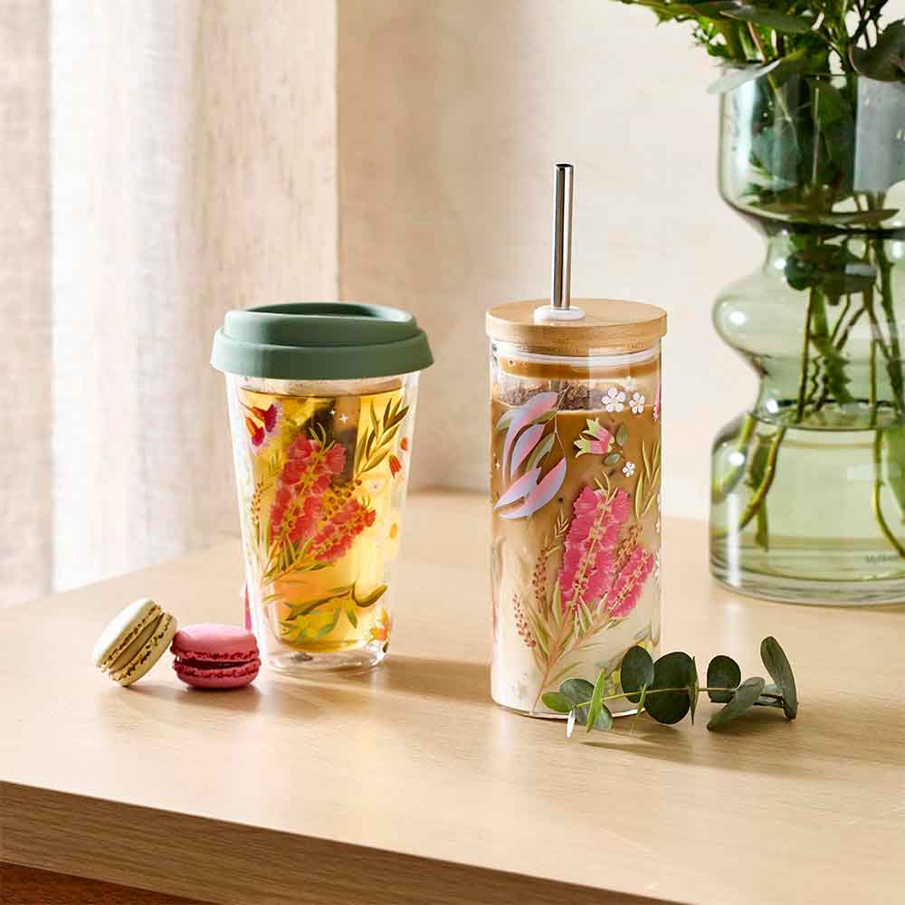 double walled glass travel mug with Australian flora design