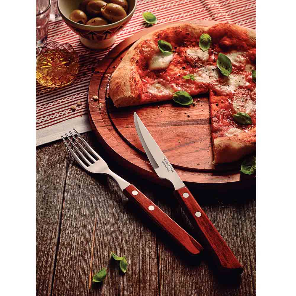 steak knife and fork set with pizza on wooden paddle - MyHouse