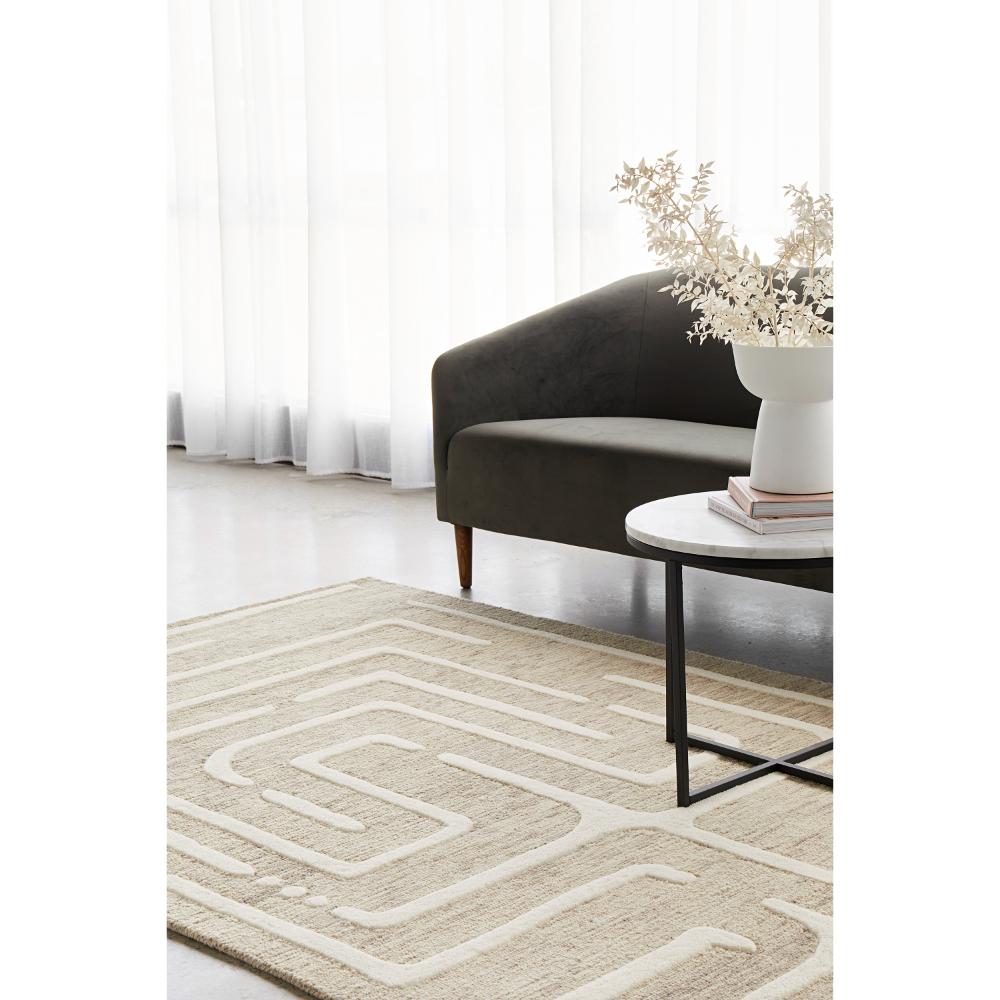 Rug Culture Summit Maze Wool Rug in Linen in loungeroom at MyHouse