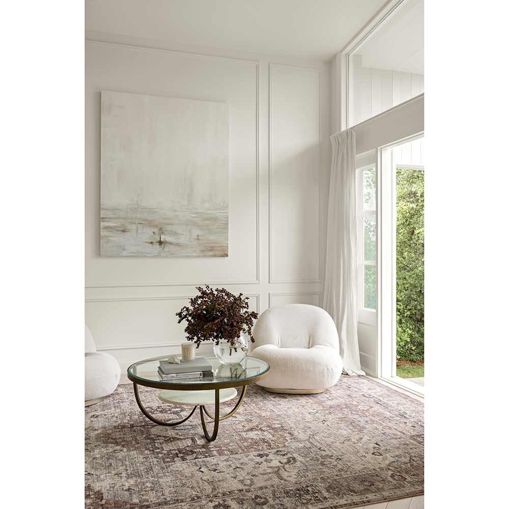 Darren Palmer Heirloom Rug in Plum in lounge room setting with brass side table at MyHouse