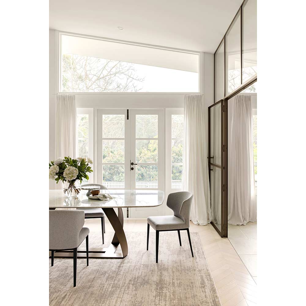 Darren Palmer Morgana Rug in Stone marle in dining room setting at MyHouse