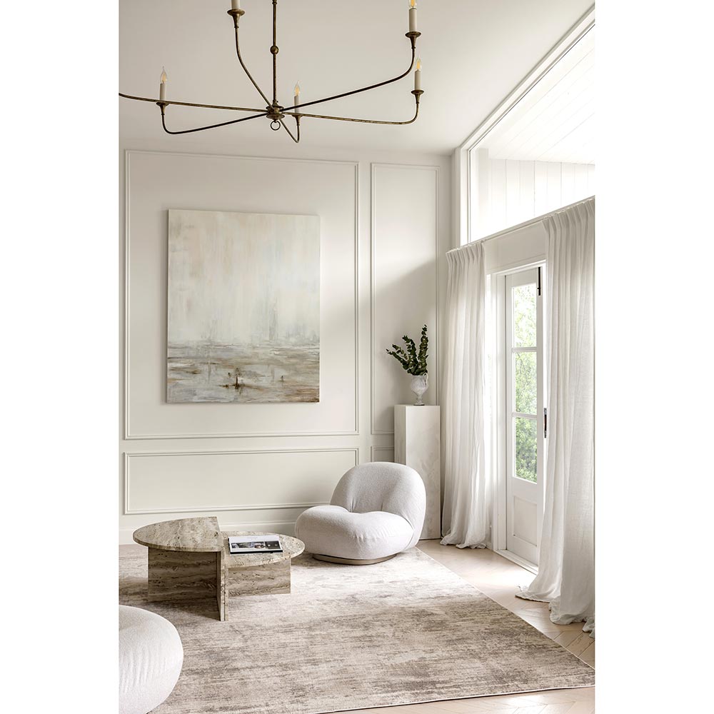 Darren Palmer Morgana Rug in Stone marle in lounge room setting at MyHouse