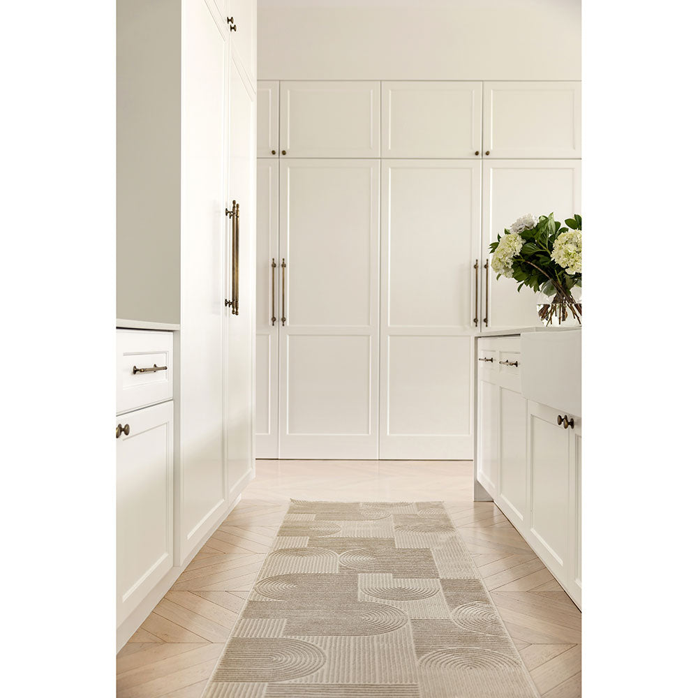 Darren Palmer Raking Runner in Linen Cream in the kitchen with flowers on the kitchen bench at MyHouse