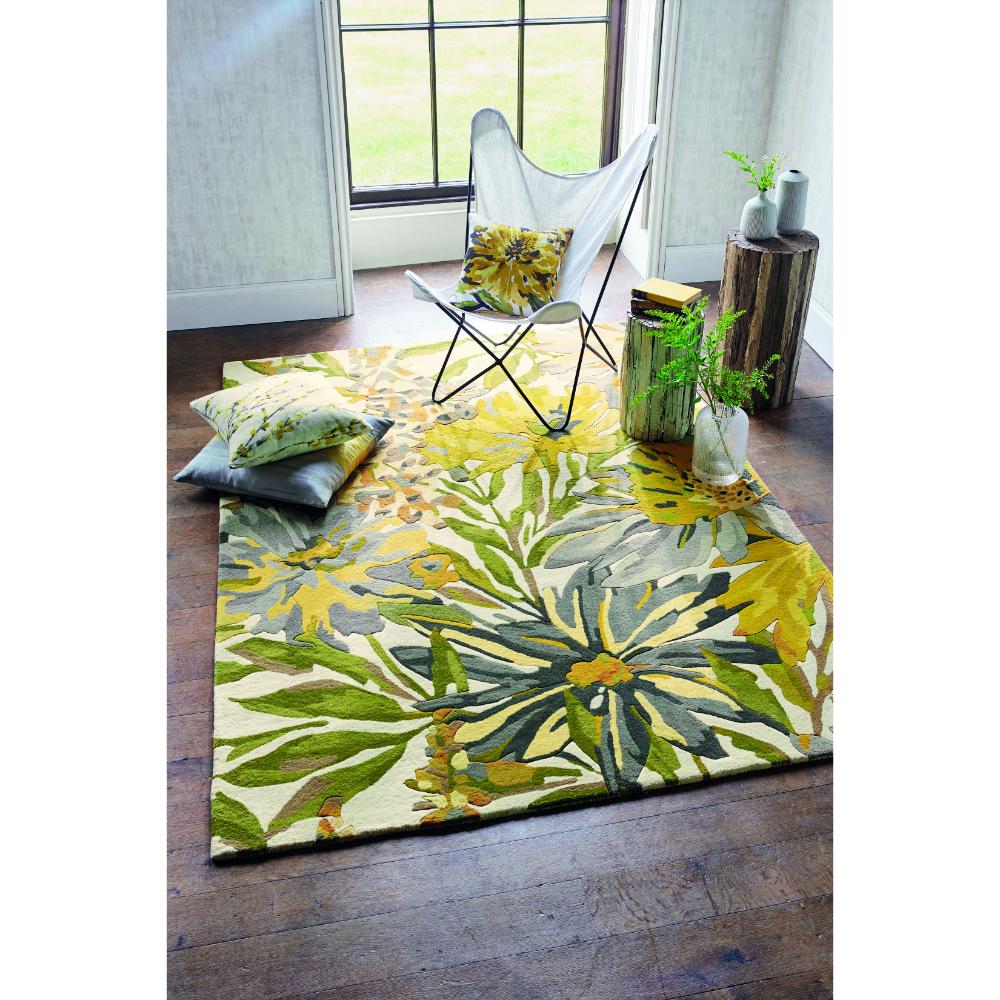 yellow and green flower wool rug with sling armchair - MyHouse