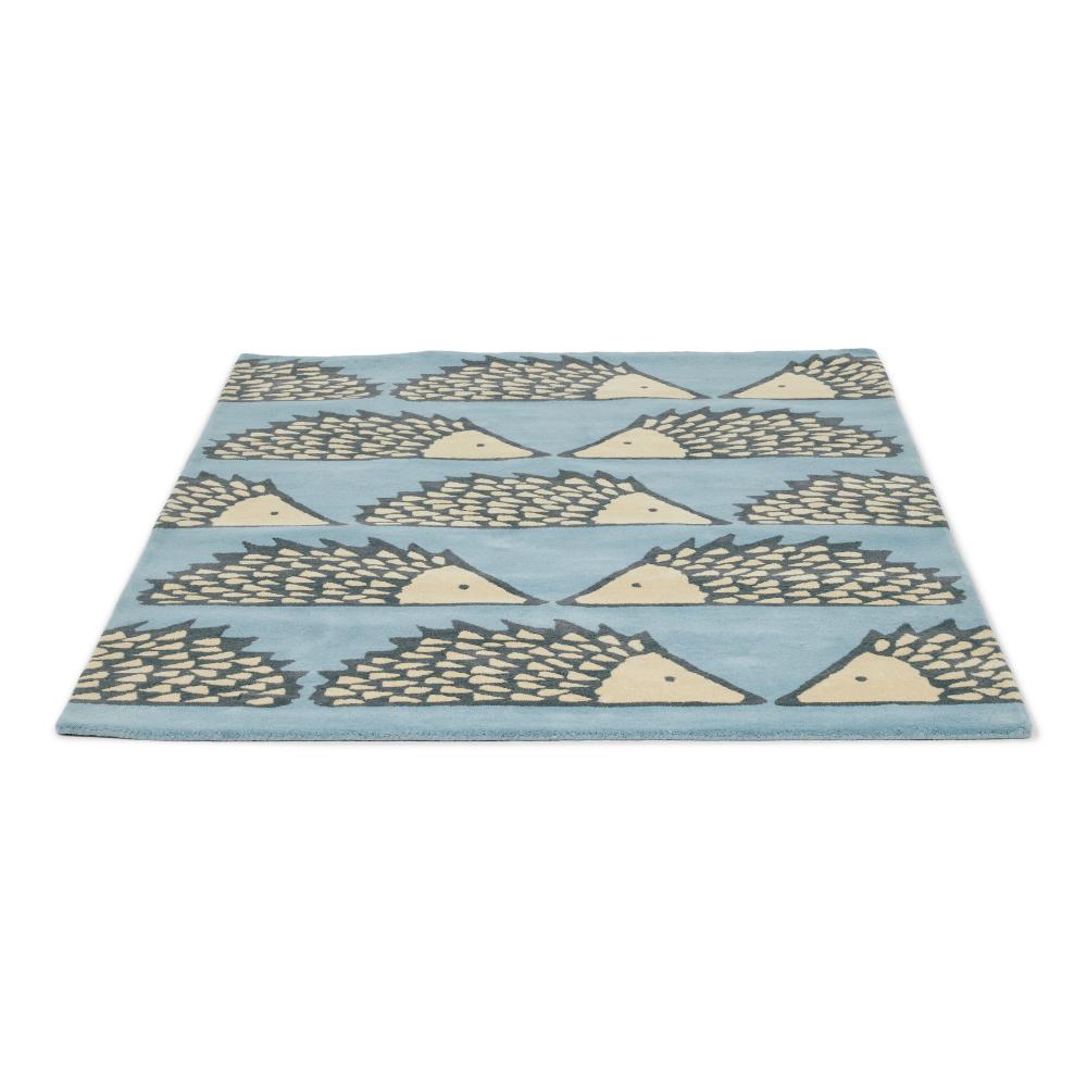 blue hedgehog design kids wool rug angled image - MyHouse
