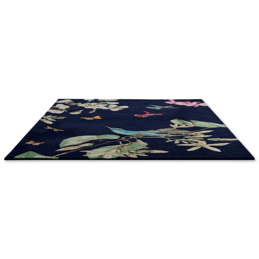 Hummingbird and floral blue wool rug detailed image - MyHouse