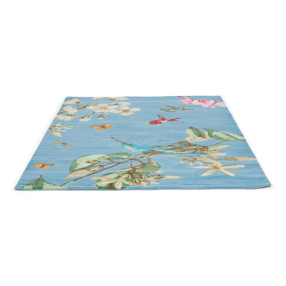 Hummingbird and floral blue wool rug detailed image - MyHouse