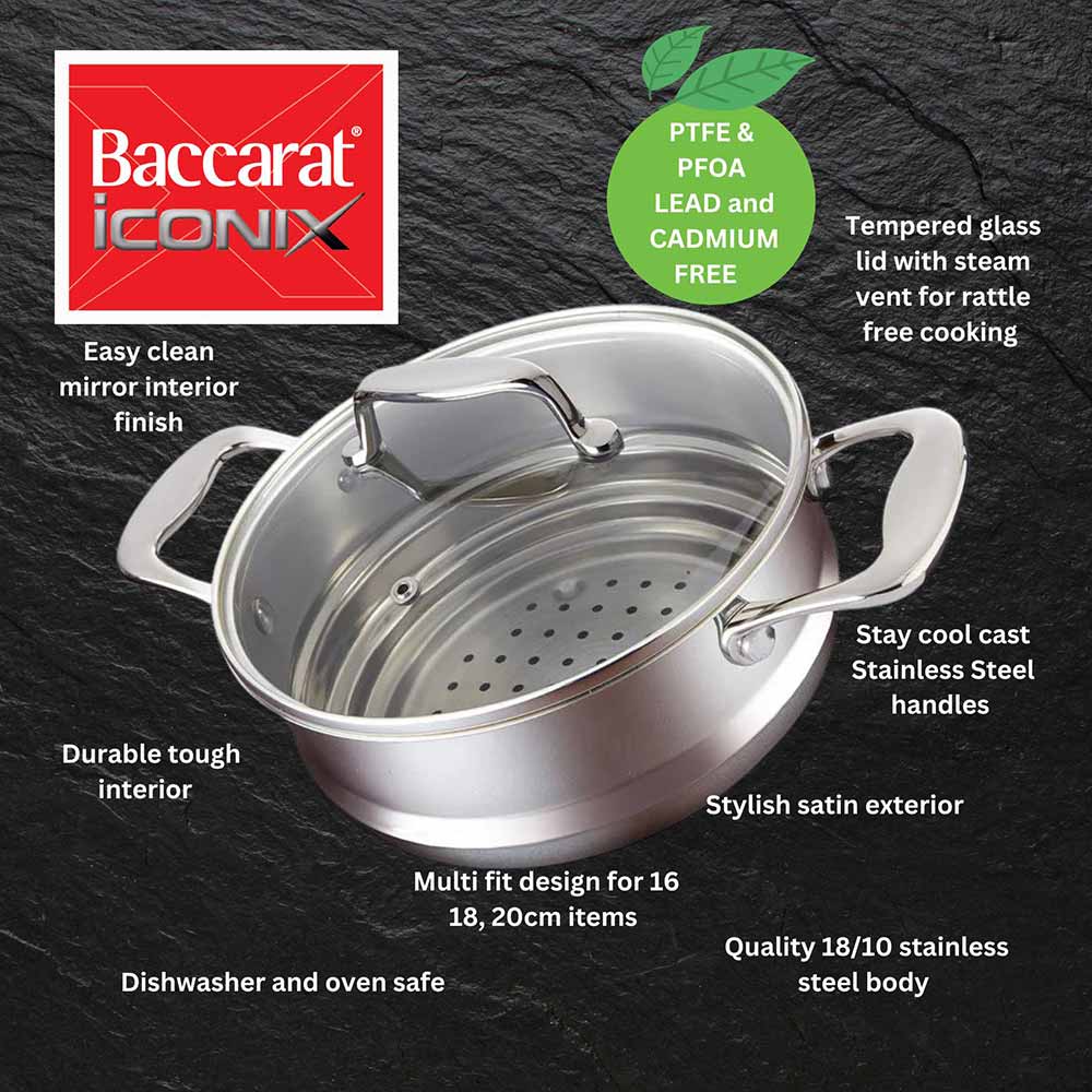 Baccarat iconiX Stainless Steel Universal Steamer Insert with Lid features and benefits infographic at MyHouse