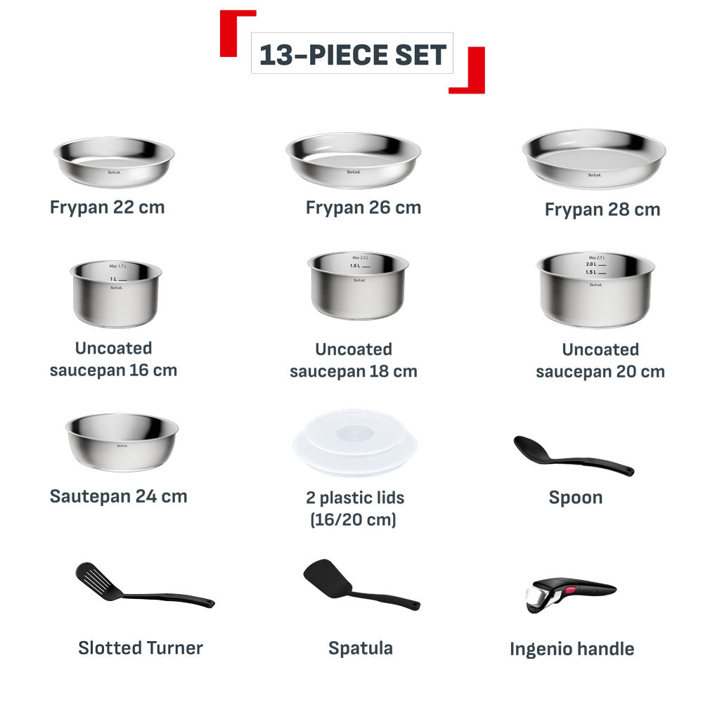 Tefal Ingenio Emotion+ Induction Uncoated Stainless Steel 13 Piece Induction Cookware Set
