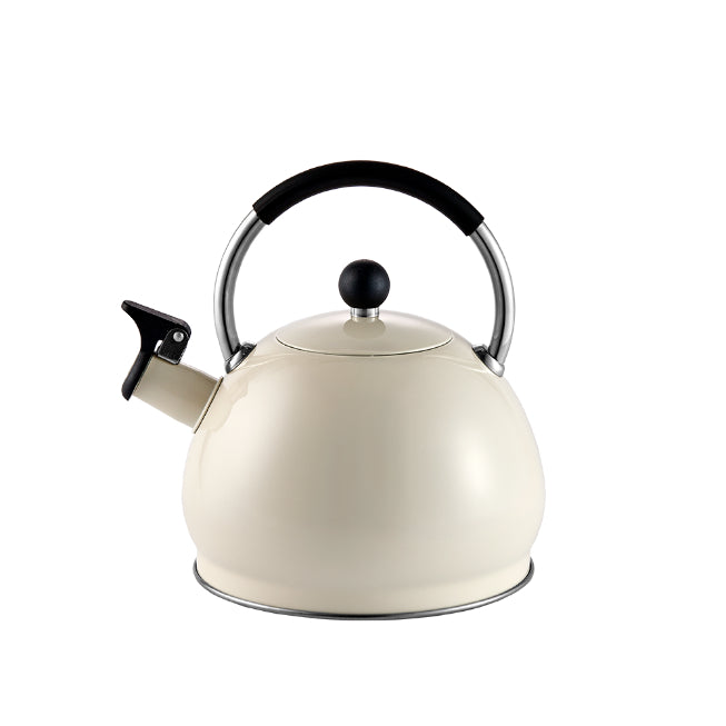 Stovetop kettle in an oat finish with handle and pouring spout.