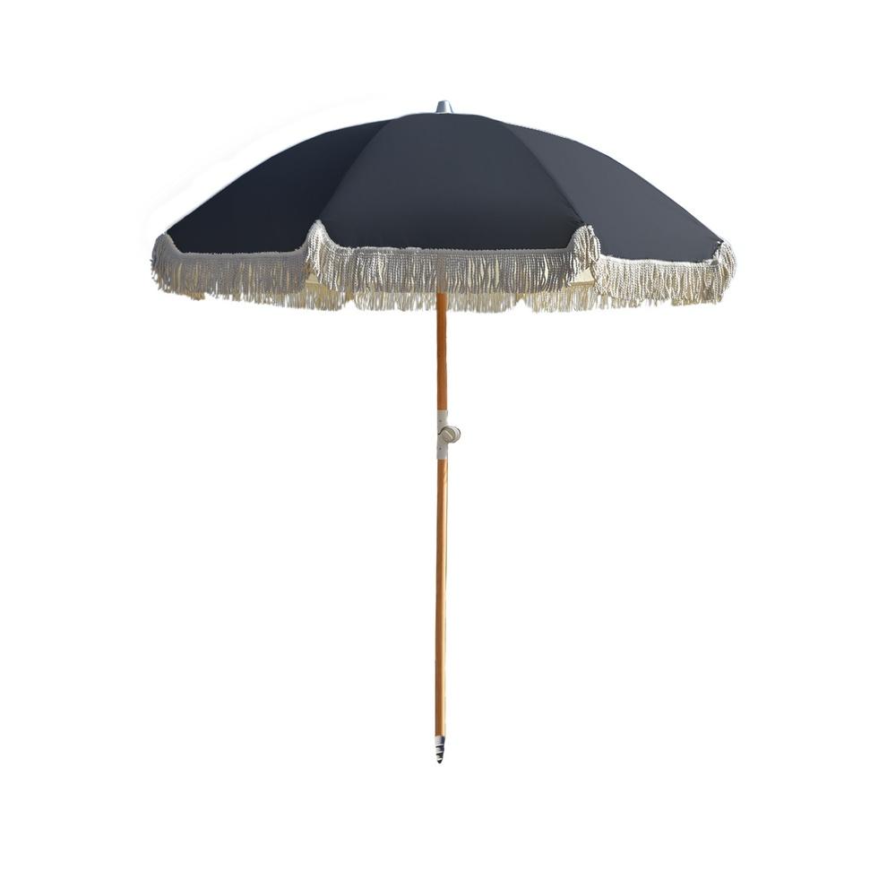 Havana Outdoors Fringed Beach Umbrella Portable 2 Metre Vintage Black