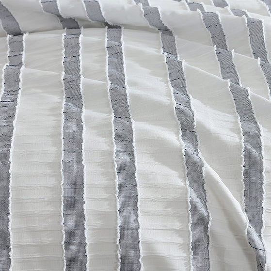 Striped fabric with alternating white and gray horizontal lines on a white background