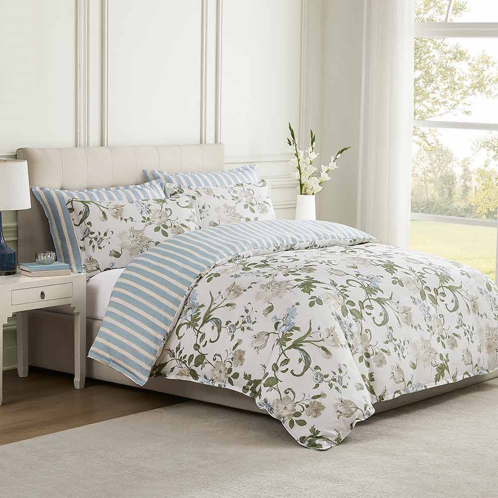Laura Ashley Rosalind Seaspray Quilt Cover Set floral and stripe quilt cover at MyHouse