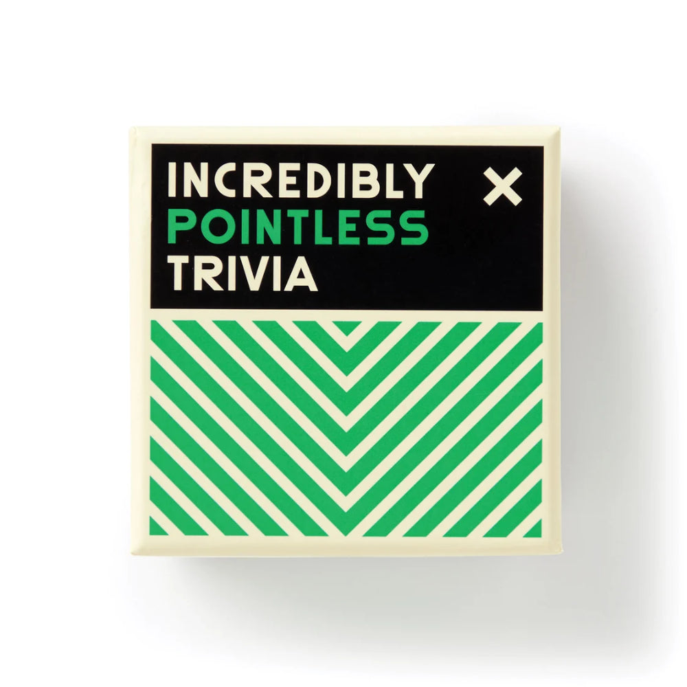 Top view of a trivia box titled incredibly pointless trivia.