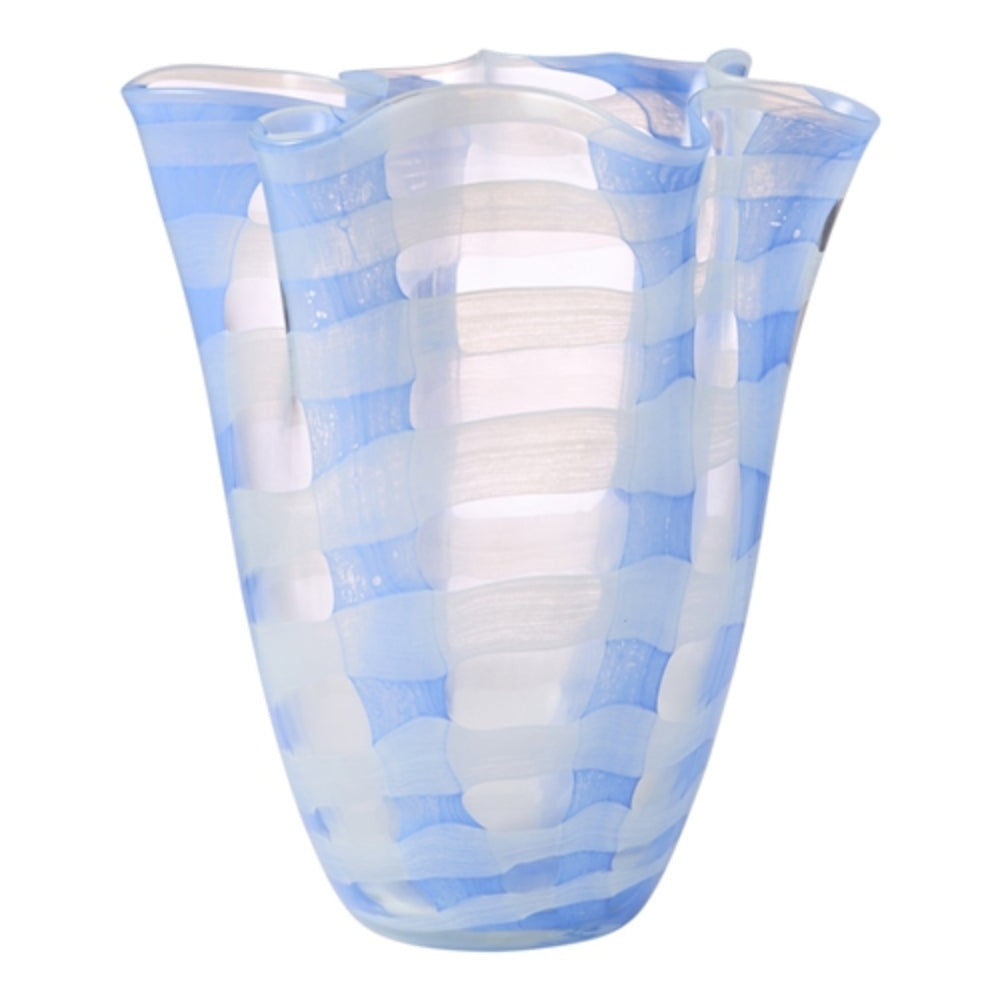 Glass vase with the ruffled designed rim and a blue and white pattern.