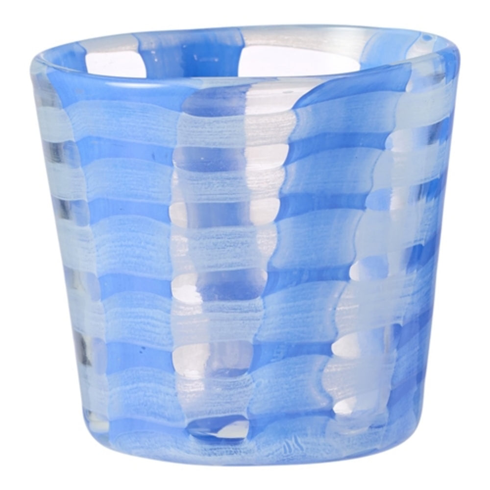 Clear glass tea light holder with a blue and white stripped pattern.