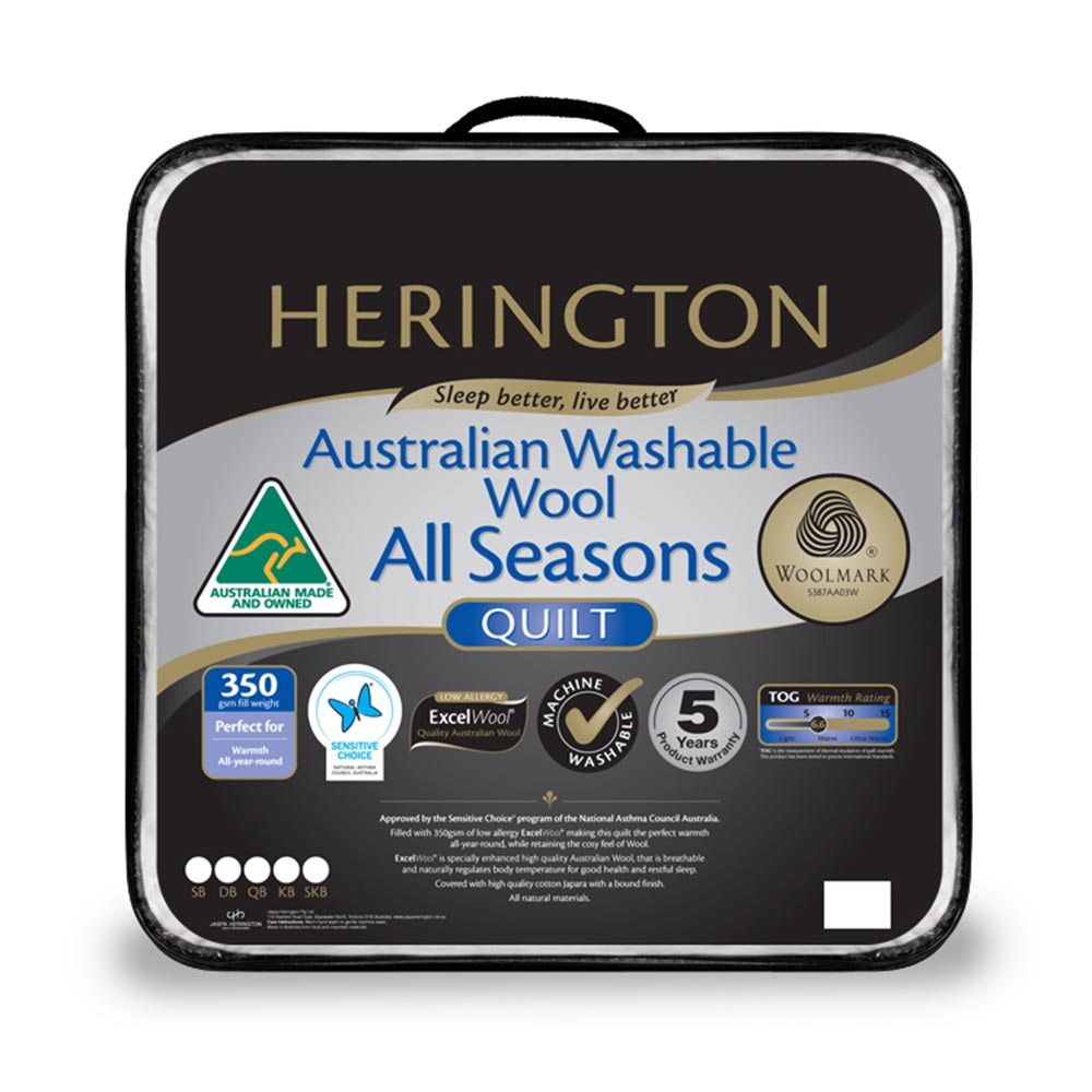Herington Washable Australian Wool All Seasons Quilt 350GSM Packaging Image at MyHouse