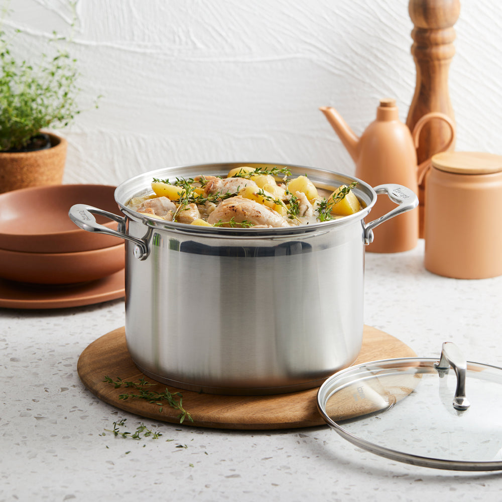 Baccarat iconiX Stainless Steel Stockpot with Lid 7.2L/24cm with chicken and potatoes in a stockpot at MyHouse