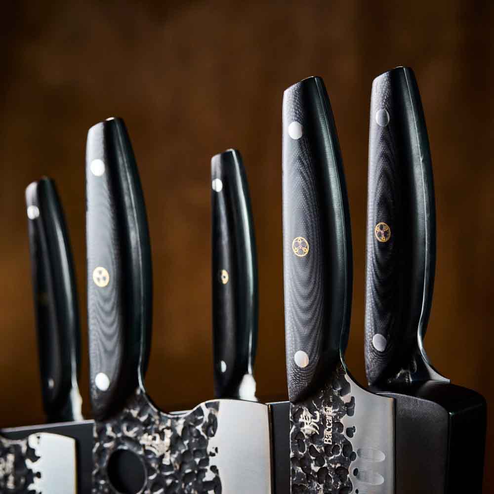 Baccarat KUROI KIBA 7 Piece Knife Block detail image of handles at MyHouse