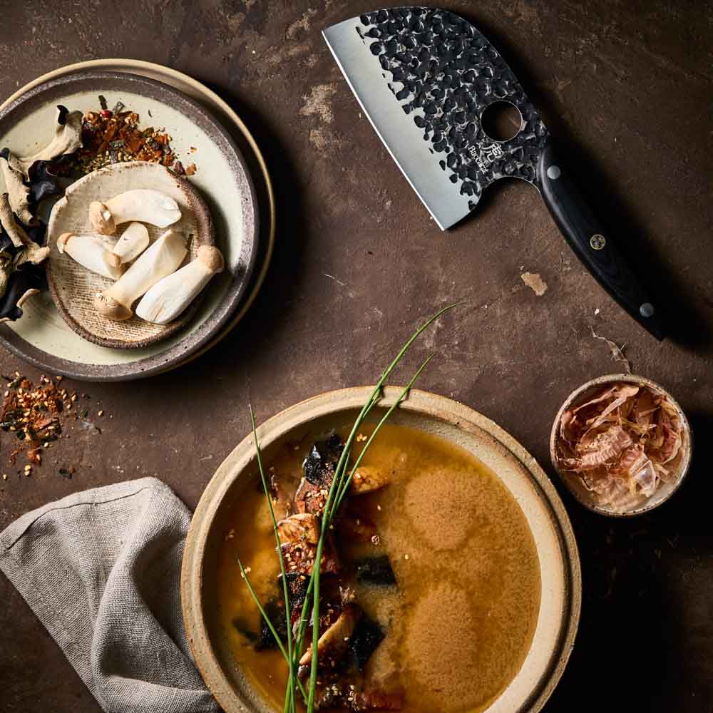 Baccarat KUROI KIBA Moon Knife 12.5cm next to miso soup at MyHouse