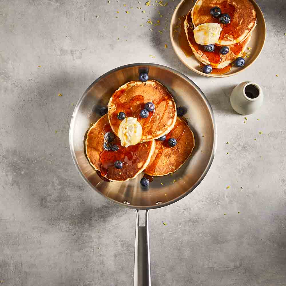 Baccarat Gourmet Stainless Steel Frypan 24cm with panacakes, blueberries, and icecream at MyHouse