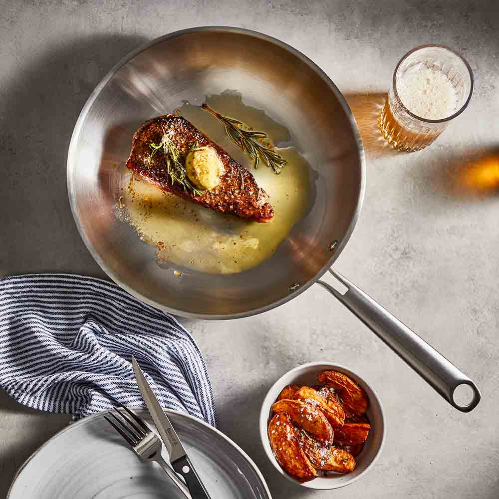 Baccarat Gourmet Stainless Steel Frypan 28cm with crispy skin fish fillet at MyHouse
