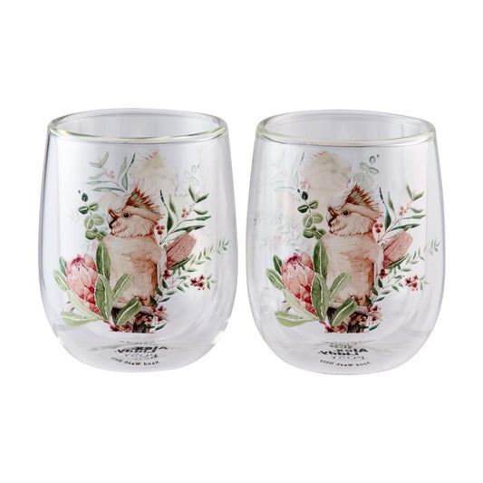 Alex Liddy Posy Set of 2 Double Wall Glass Mugs 250ml with pink cockatoo at MyHouse