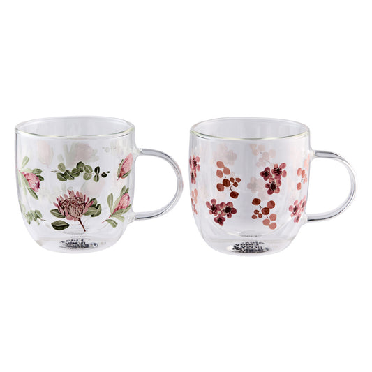 Alex Liddy Posy Set of 2 Double Wall Glass Mugs 350ml with flowers at MyHouse