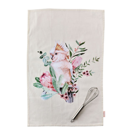 Alex Liddy Posy Tea Towel With Whisk Set Cream teatowel with pink cockatoo at MyHouse