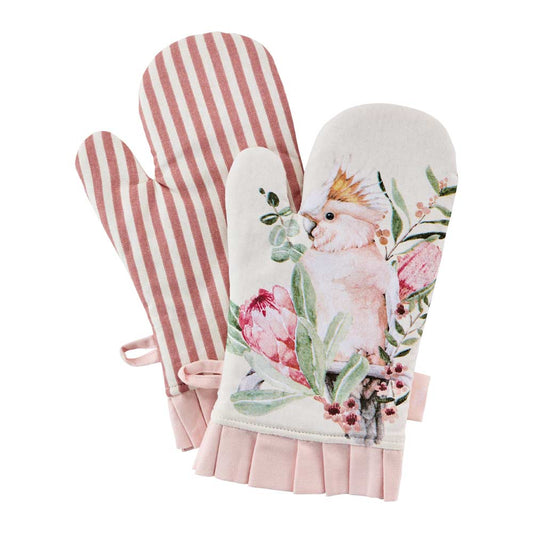 Alex Liddy Posy Set of 2 Oven Gloves striped and pink cockatoo design with ruffle hem at MyHouse